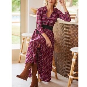 Soft Surroundings Plaid Shirt Dress L Midi Flannel Burgundy Prairie Granola Girl